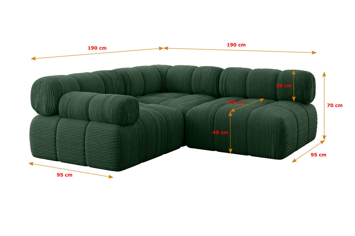 ECKSOFA modulares Sofa Mende-L1 - 190x190x70 cm Grün Cord - Grün, Holzwerkstoff/Textil (190/190cm) - ALTDECOR
