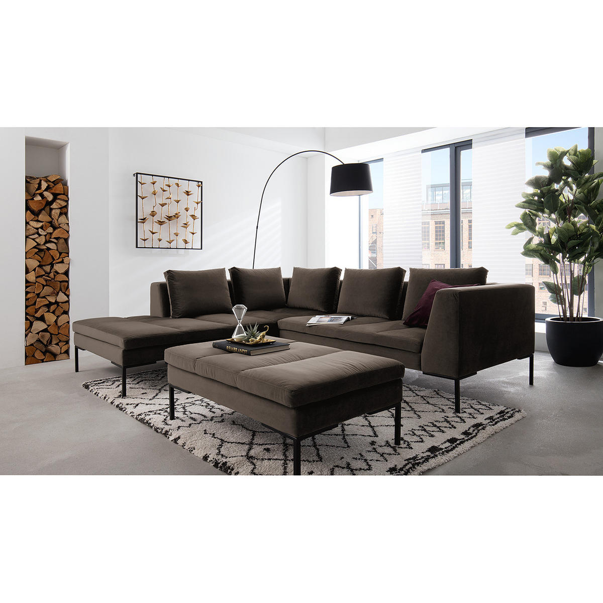 ECKSOFA mit Ottomane - Taupe/Schwarz, Textil/Metall (255/230cm) - home24