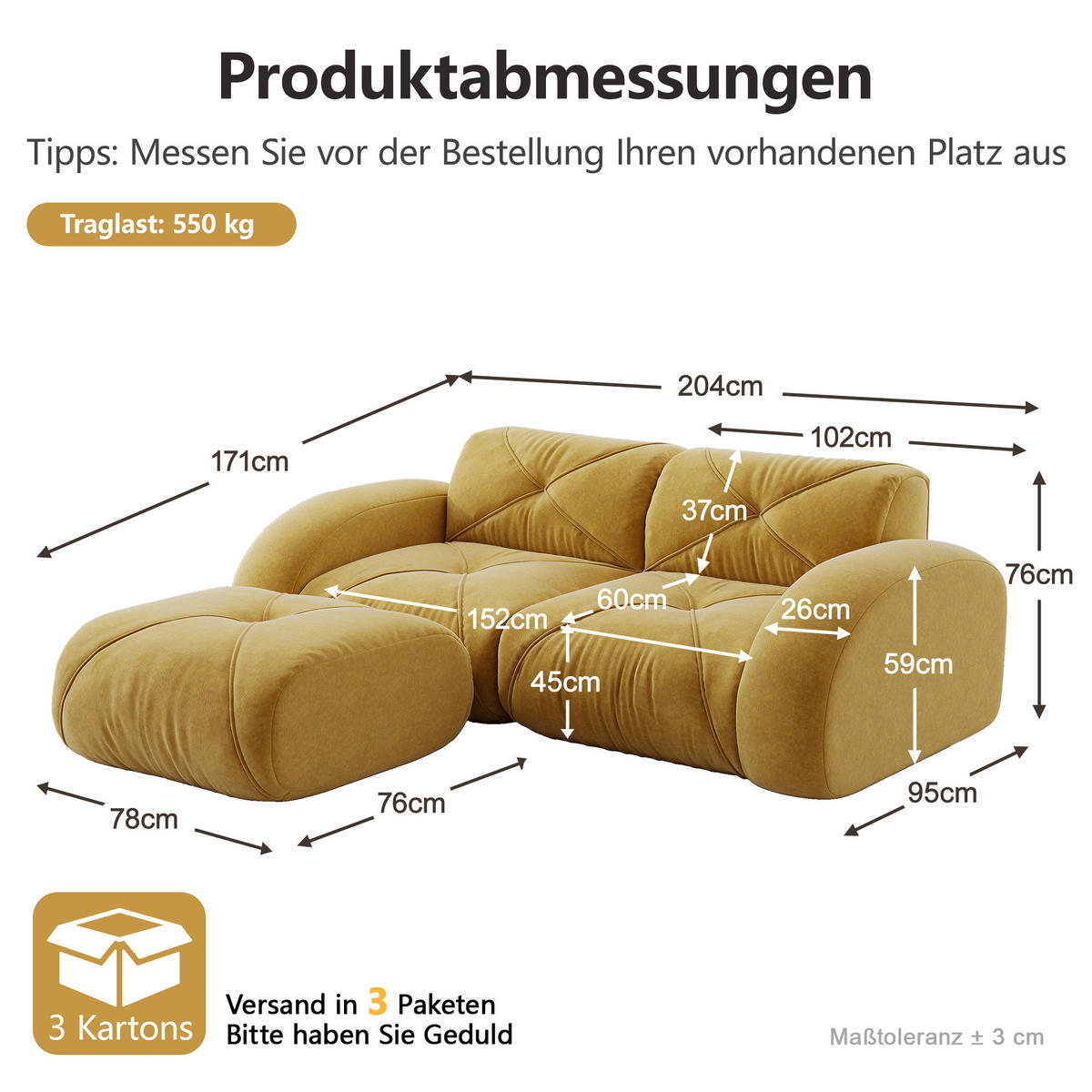 2-SITZER-SOFA DE-34276 mit Hocker Gelb - Gelb, Textil (171/76/204cm) - ComfortXL