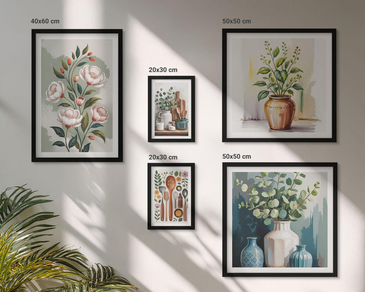 WANDBILDER 5er-Set - 50x50 cm & 20x30 cm & 40x60 cm Schwarzer Rahmen - Blumen und Früchte in Vasen - Schwarz, Kunststoff (40/60cm) - ArtPrintCave