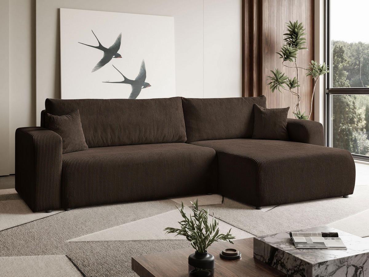 ECKSOFA Sofia in L-Form 277 x 143 cm Schlaffunktion Bettkasten Couch Cord universale Seite, braun - Braun, Kunststoff (143/83/277cm) - Margaret Hadas24