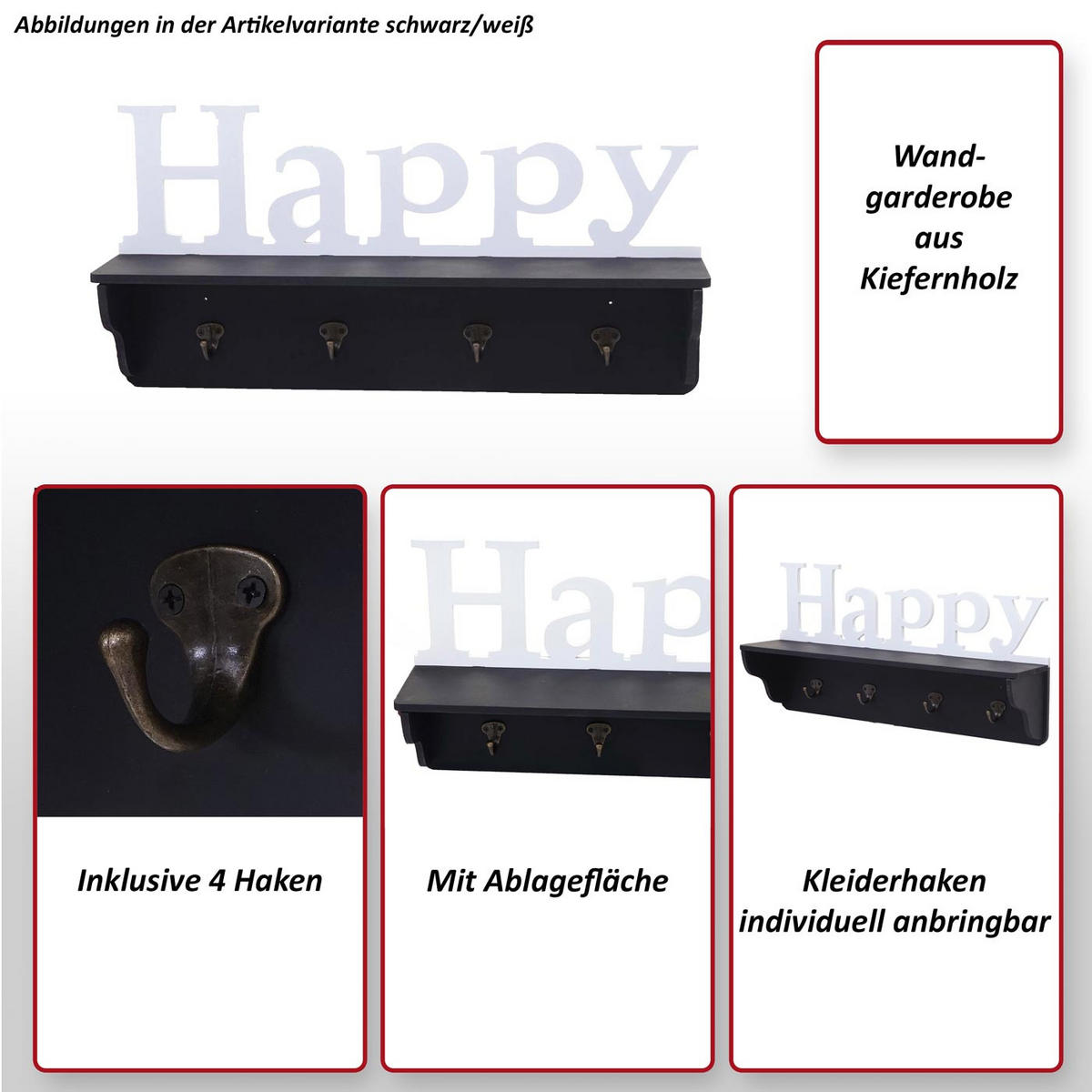 WANDGARDEROBE HAPPY 4 HAKEN Schwarz, Reinweiß - Schwarz/Weiß, Holz (60/30/13cm) - MCW