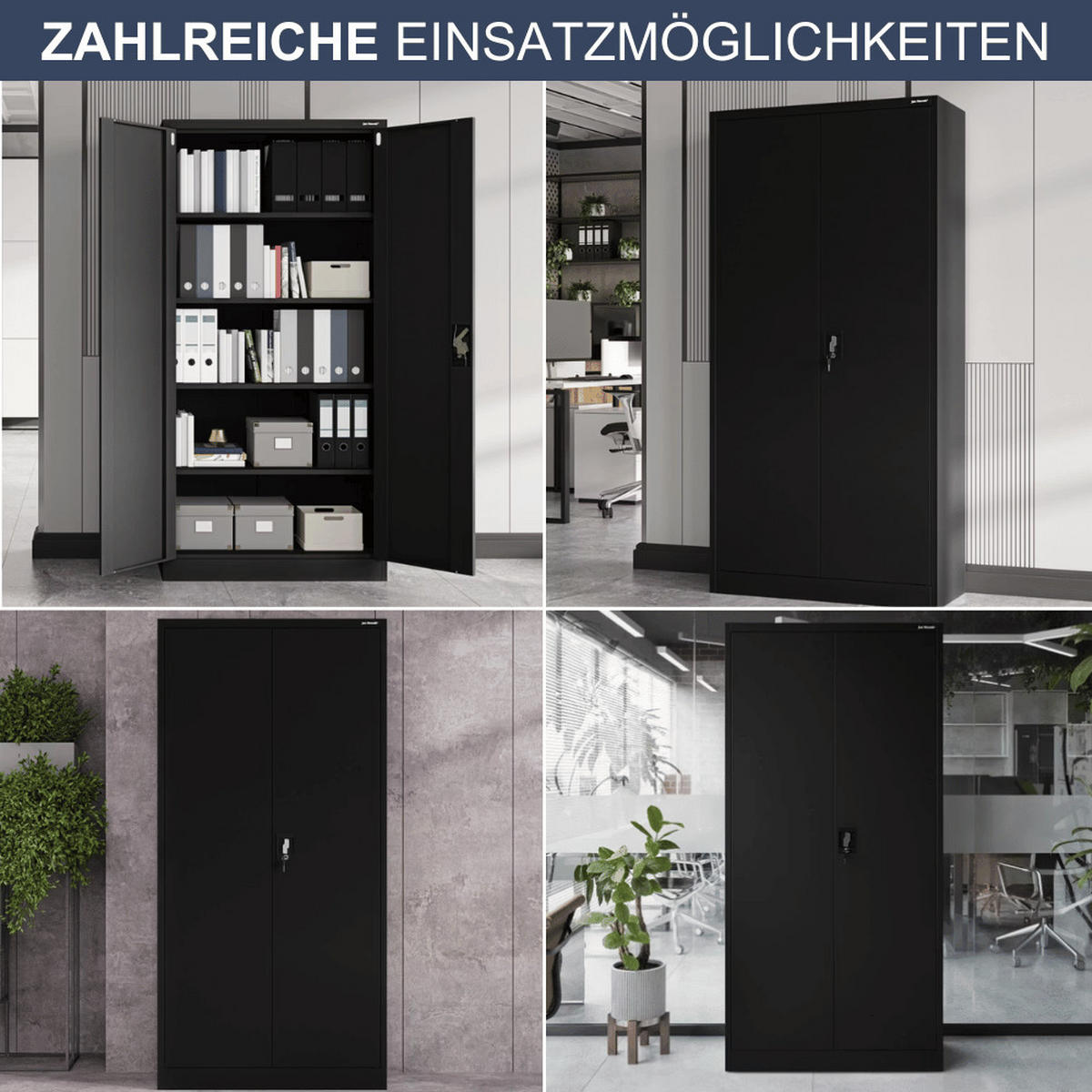 AKTENSCHRANK abschließbar KADO mit Flügeltüren 195x90x40cm Schwarz - Schwarz, Metall (90/195/40cm) - DELUKE