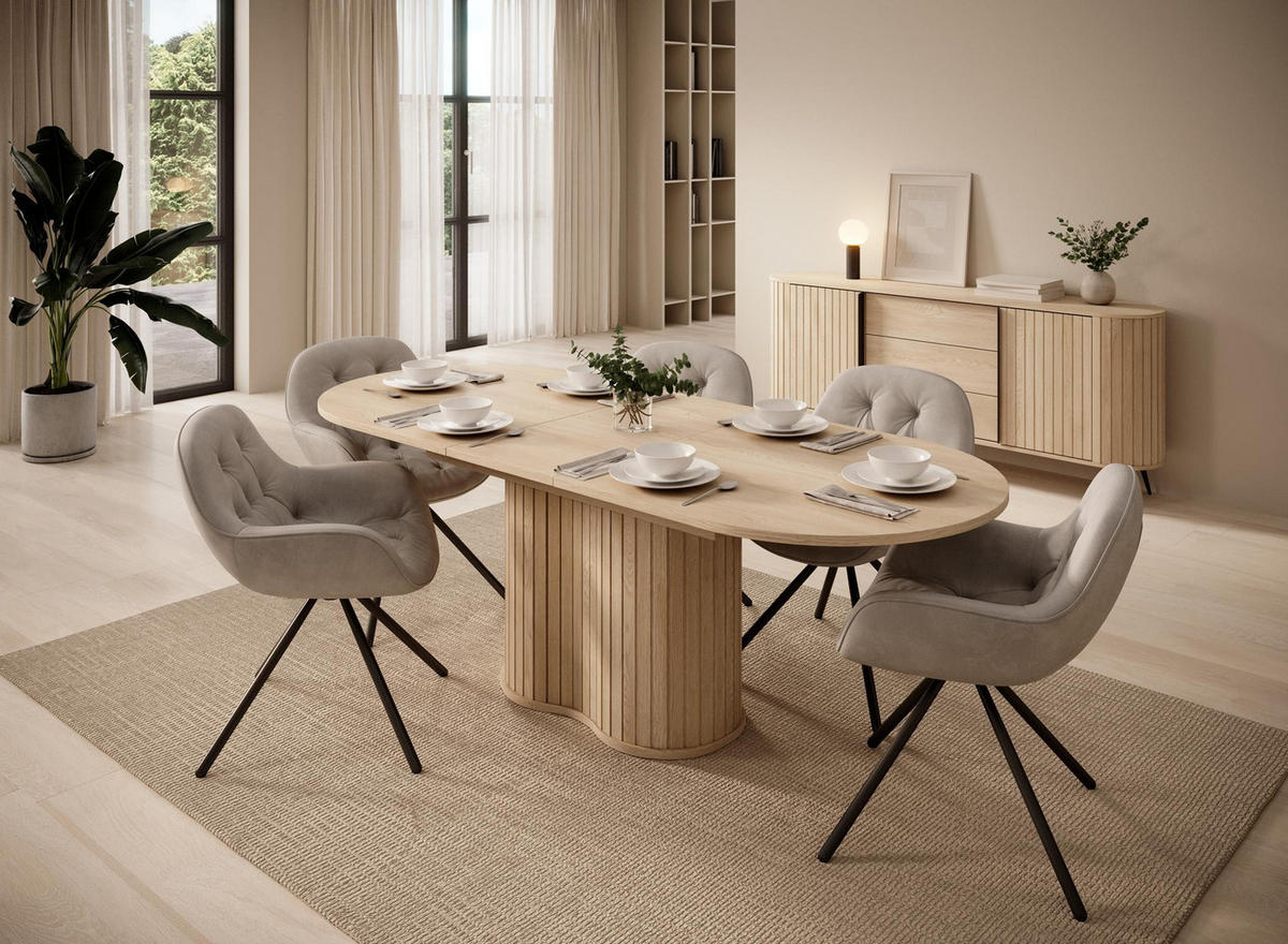 KOMMODE Rivo Eiche Cremona, mit Schubladen und Schiebetüren, geriffelten Fronten - Eichefarben/Schwarz, Holzwerkstoff/Metall (196/82/40cm) - Bettso