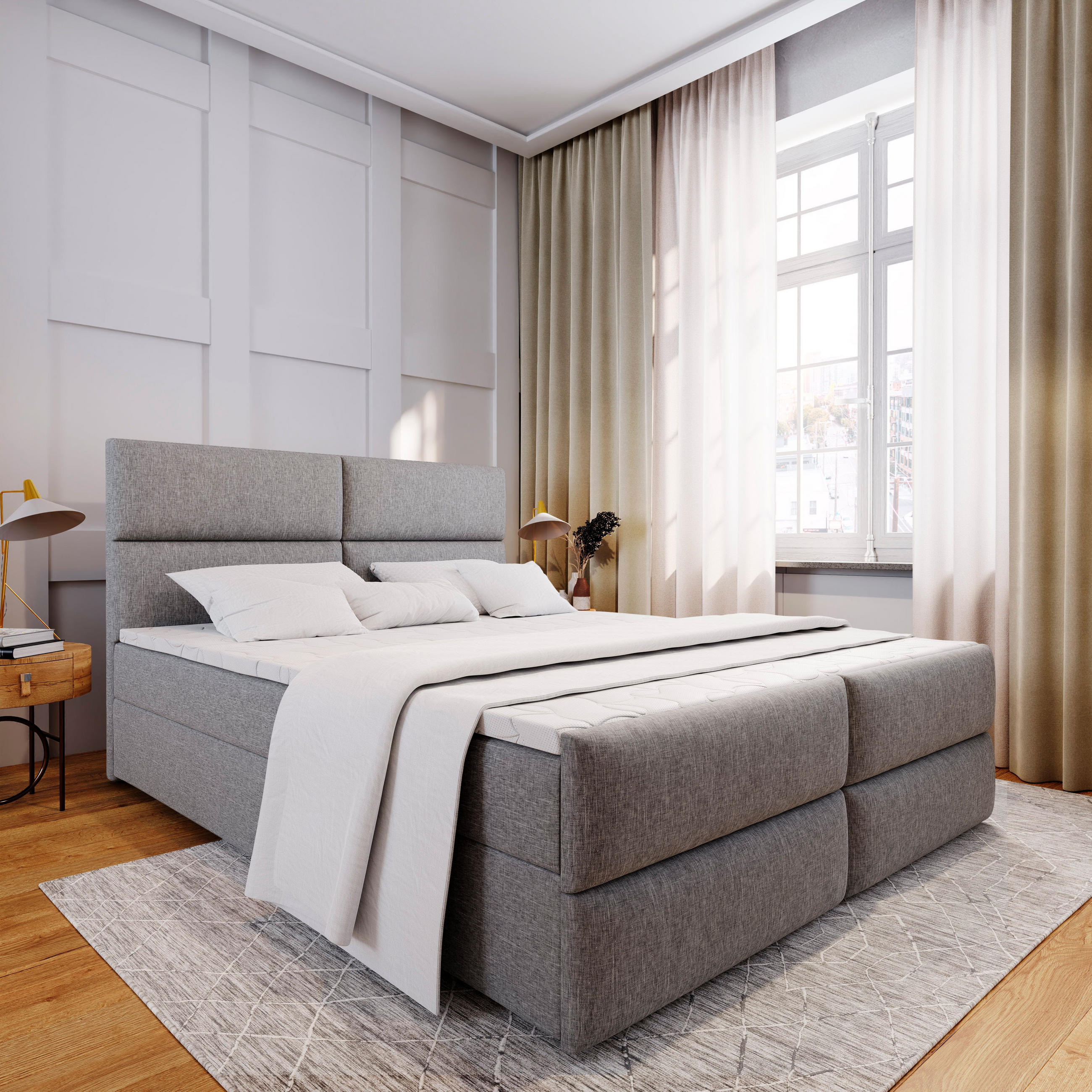 BOXBETT MULEN 180x200 cm mit Matratze und Topper - Hellgrau - Hellgrau, Holz (180/200cm) - MASSENO