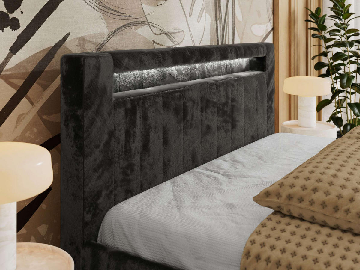 POLSTERBETT GOLD 5 CLASSIC 140/200 - Dunkelgrau Plüsch - Schaum-Matratze - Dunkelgrau, Textil (140/200cm) - MKS