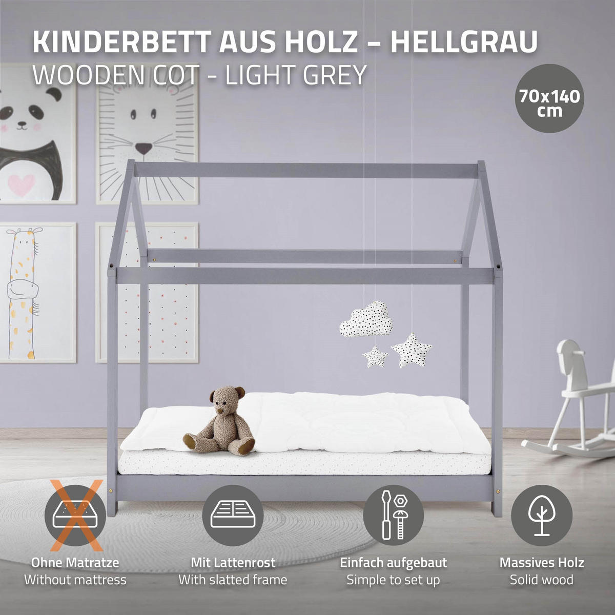 KINDERBETT mit Dach 70x140 cm Hellgrau - Hellgrau, Holz (70/140cm) - ML-DESIGN