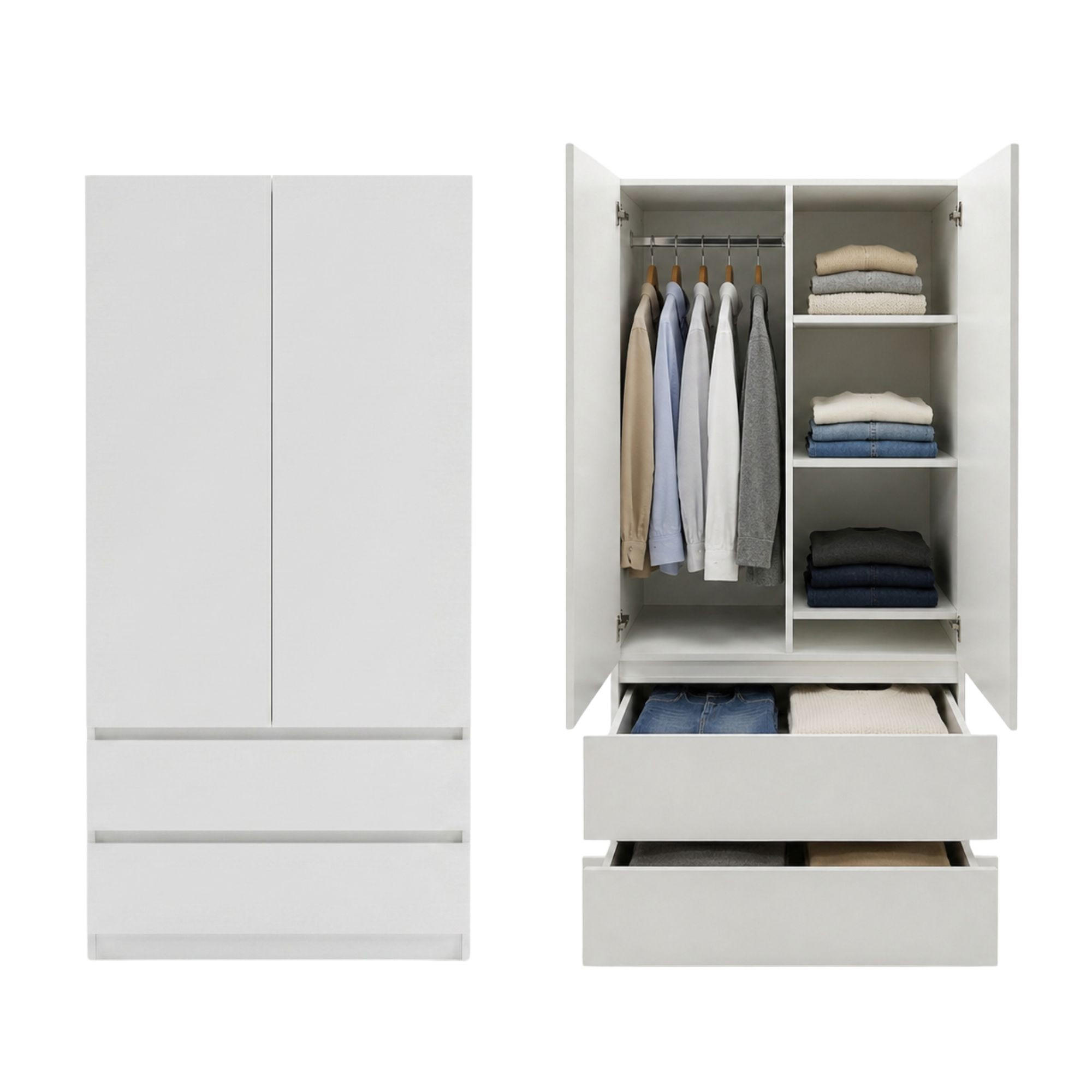 KLEIDERSCHRANK mit 2 Türen und Schubladen in Weiß - Weiß, Holzwerkstoff (90/180/50cm) - Home Collective