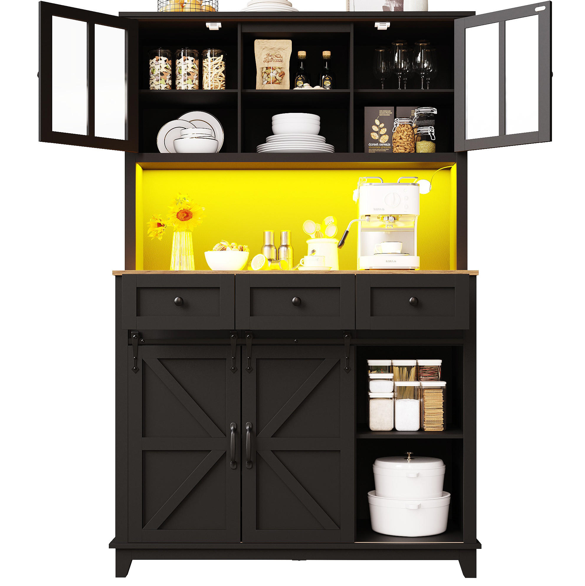 BUFFET 105/38,4/180 cm aus MDF mit LED-Beleuchtung und Schiebetür Schwarz - Schwarz, Holzwerkstoff (105/180/38.4cm) - Modenvie