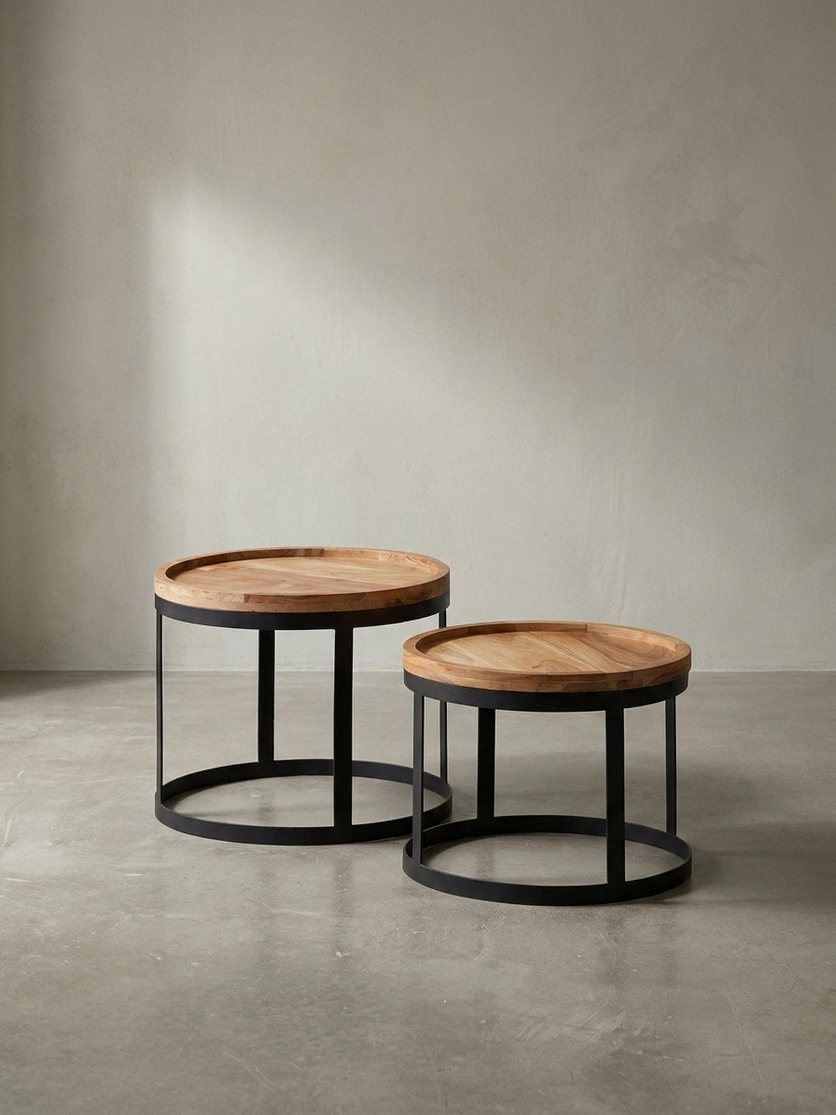 BEISTELLTISCH 2er Set Massivholz Metallgestell Rund Natur INDI, Beige 53x53x45 cm - Beige/Schwarz, Holz/Metall (53/53/45cm) - KADIMA DESIGN