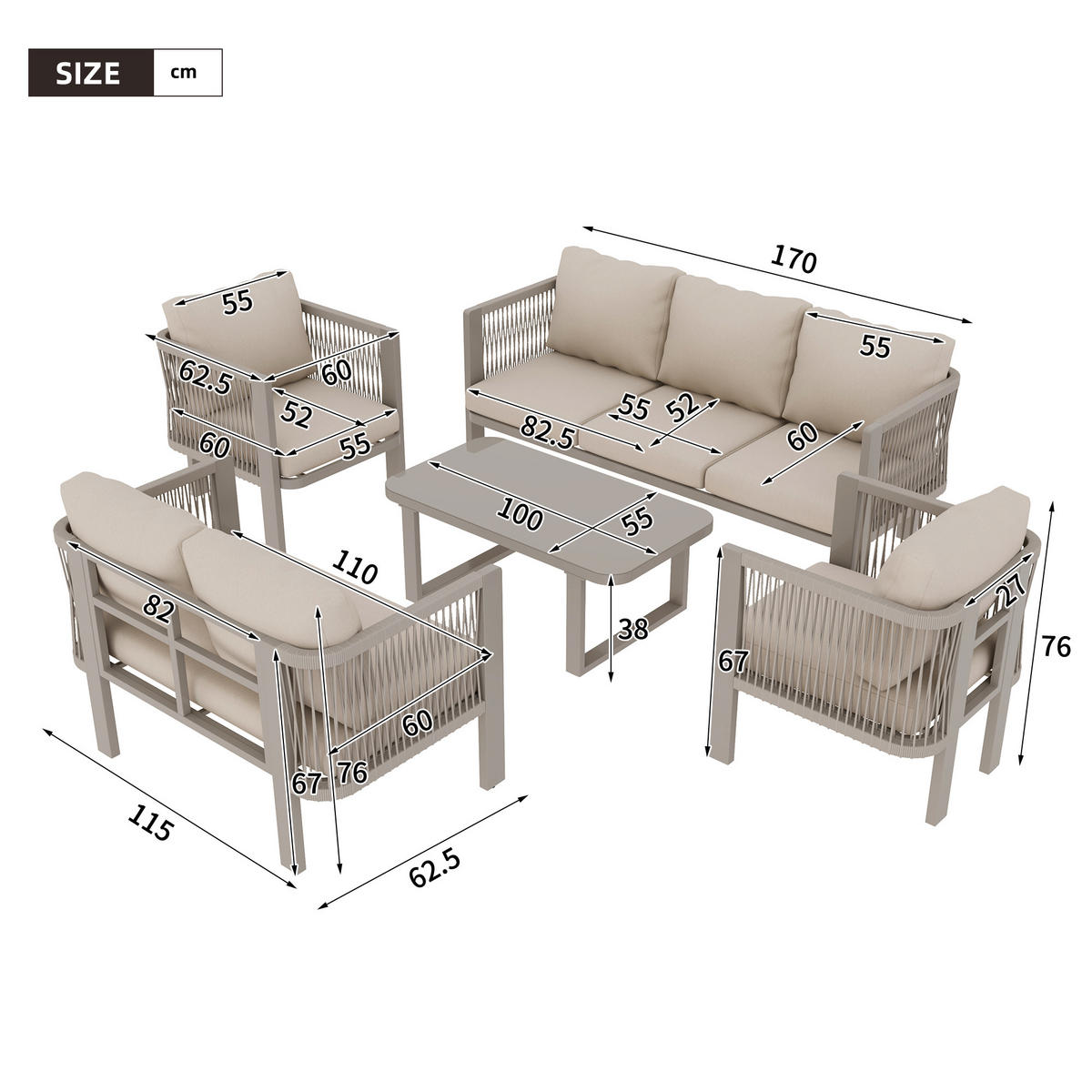GARTENMÖBEL-SET 5-teilig Teslin 3-Sitzer 2-Sitzer Khaki - Hellbraun, Textil - FLIEKS