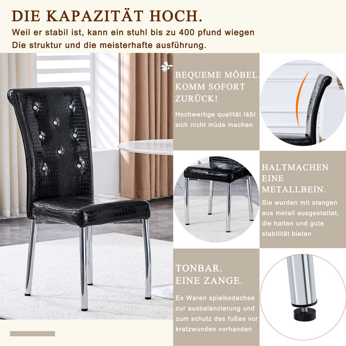 STUHL-SET DE-36775 2 Stück mit Krokodil-Prägung und Kristallknopf-Details Schwarz - Schwarz, Metall (42/101/61.5cm) - ComfortXL