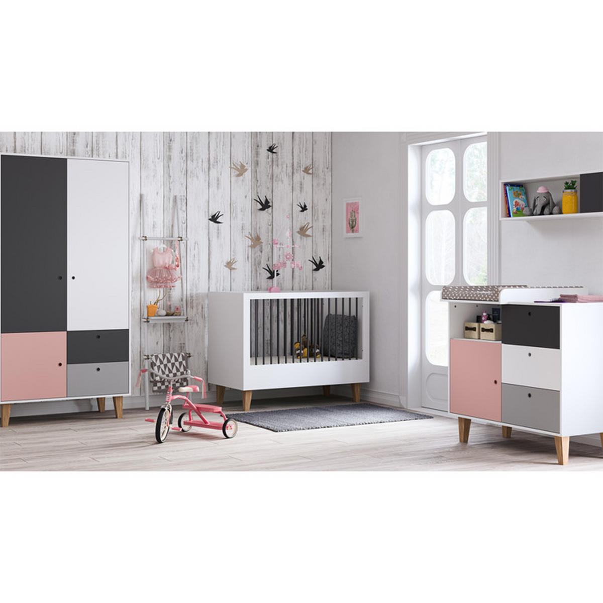 BABYZIMMER 3-teilig rosa - Pink, Holzwerkstoff (144.5/97/75cm) - Petits-meubles