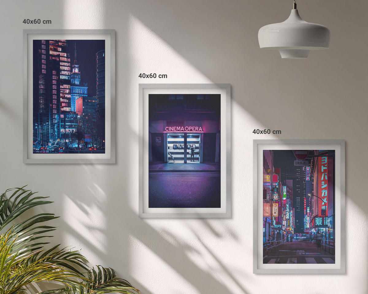 BILDER SET 3er Set - 40x60 cm Silberner Rahmen - Neon-Eingang zur nächtlichen Stadt - Silberfarben, Kunststoff (40/60cm) - TULUP