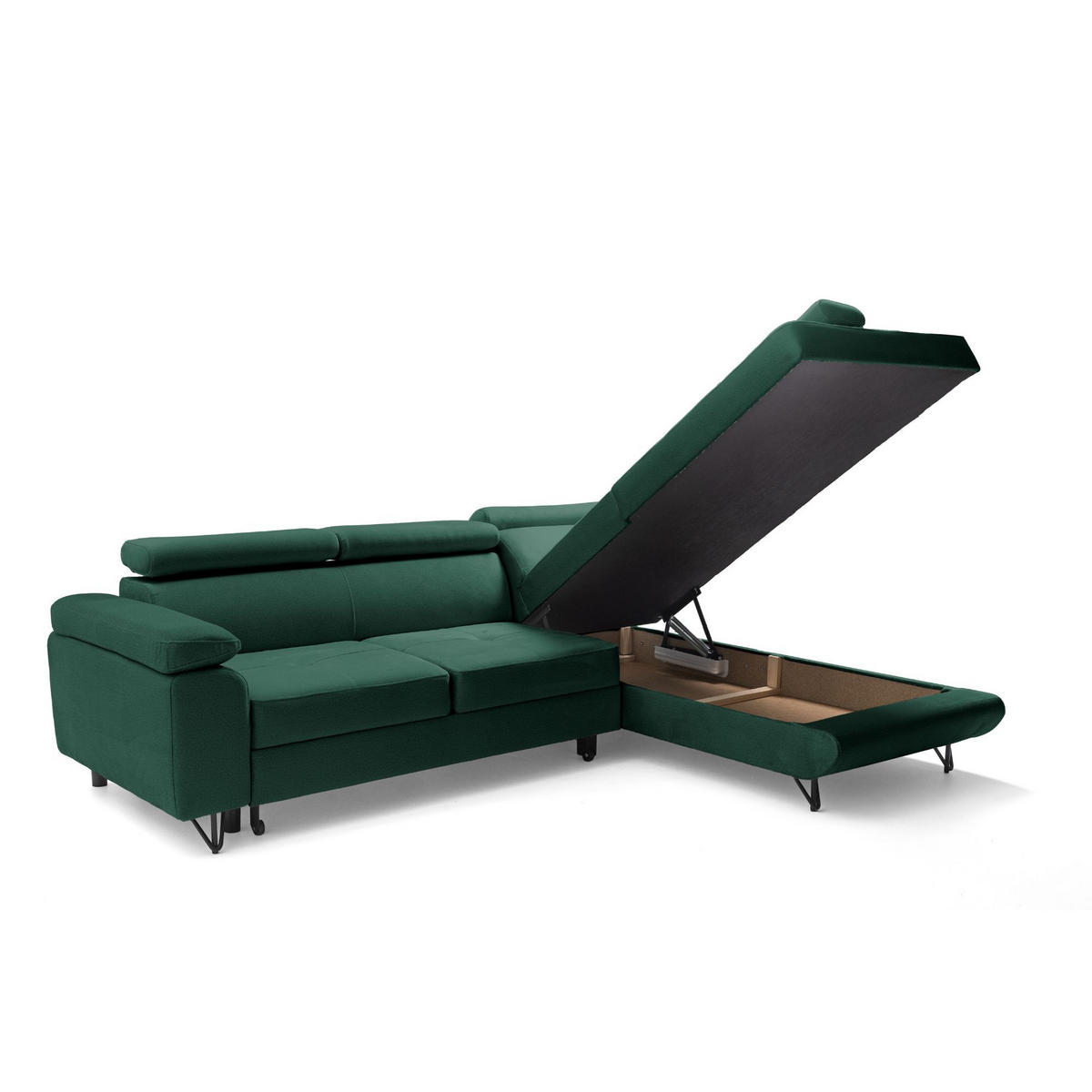ECKSOFA JUNIOR L Rechts mit Schlaffunktion 194x128 Velours Dunkelgrün - Dunkelgrün/Schwarz, Holz/Textil (184/249cm) - Muffo