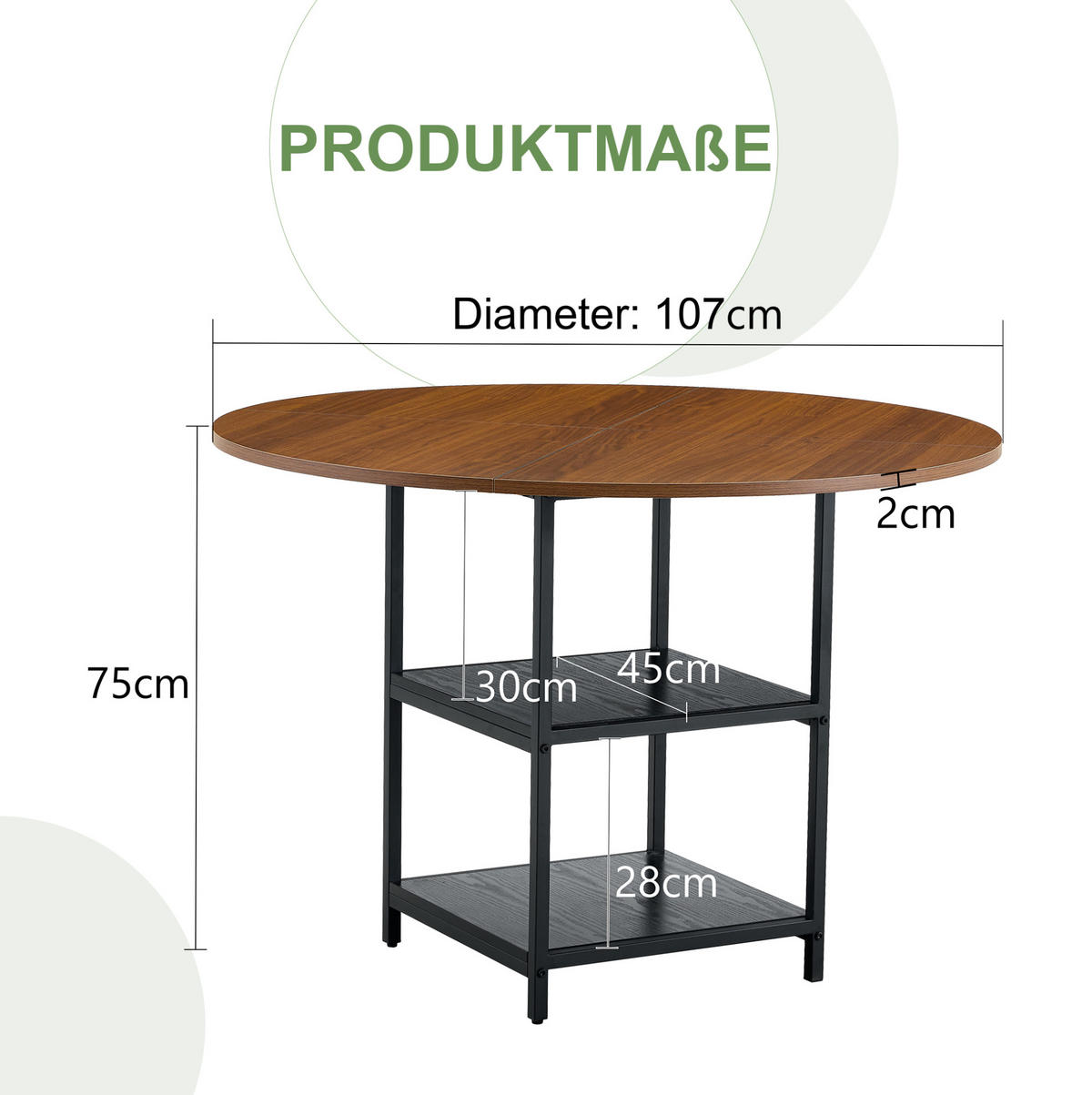 ESSTISCH aus MDF und Metall 107x107x75 cm Schwarz/Walnussfarben mit 2 offenen Ablagen im Industrial-Stil - Schwarz, Holzwerkstoff (107/107/75cm) - Modfu