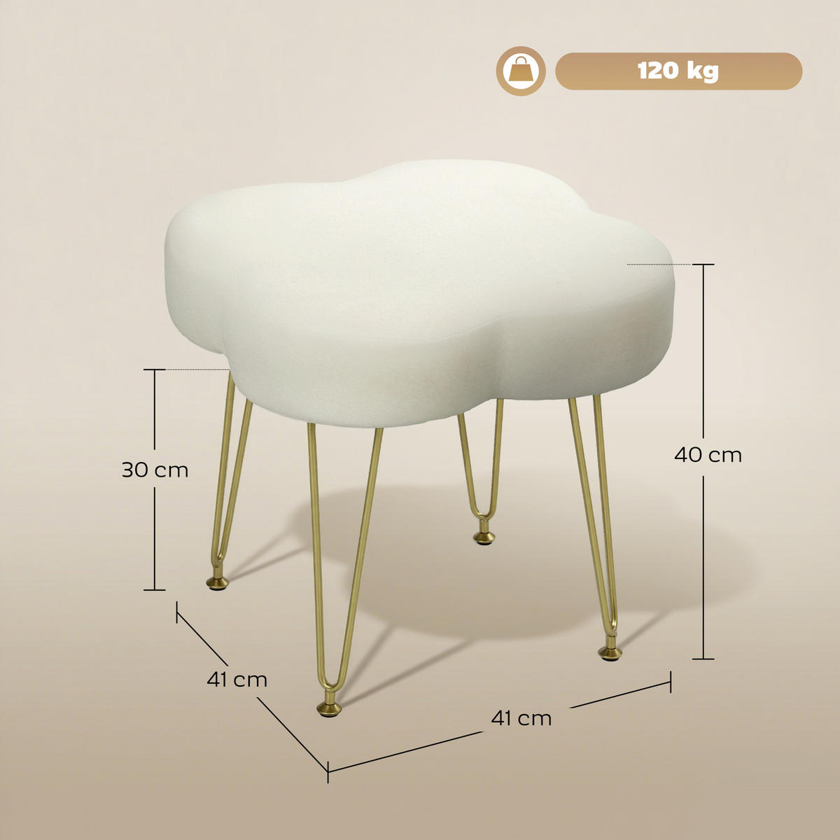 HOCKER Sitzhocker in Kleeblattform mit Stahlbeinen Fußhocker mit Samtoptik Creme - Weiß, Textil (41/40/41cm) - HOMCOM