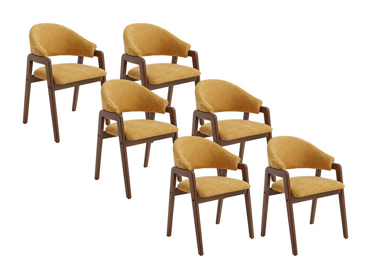 STUHL mit Armlehnen 6er-Set - Strukturstoff & Kautschukholz - Gelb & Dunkel-Natur - SOLUNA - Gelb, Textil (53.5/82/56cm) - Vente-Unique