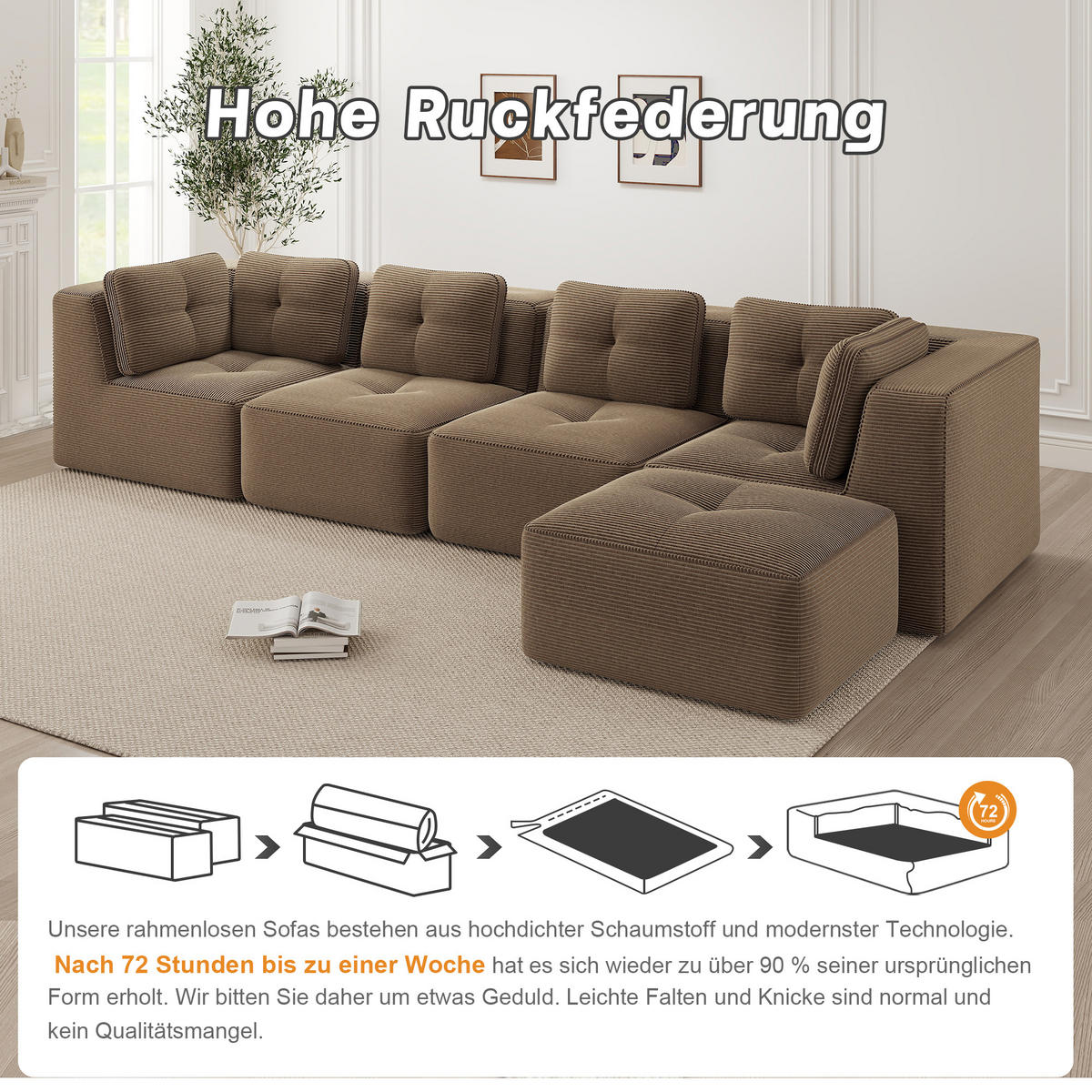 4-SITZER Sofa 386×177×69 cm Cordstoff rahmenlos modular mit Ottomane, braun - Braun, Textil (177/69/386cm)