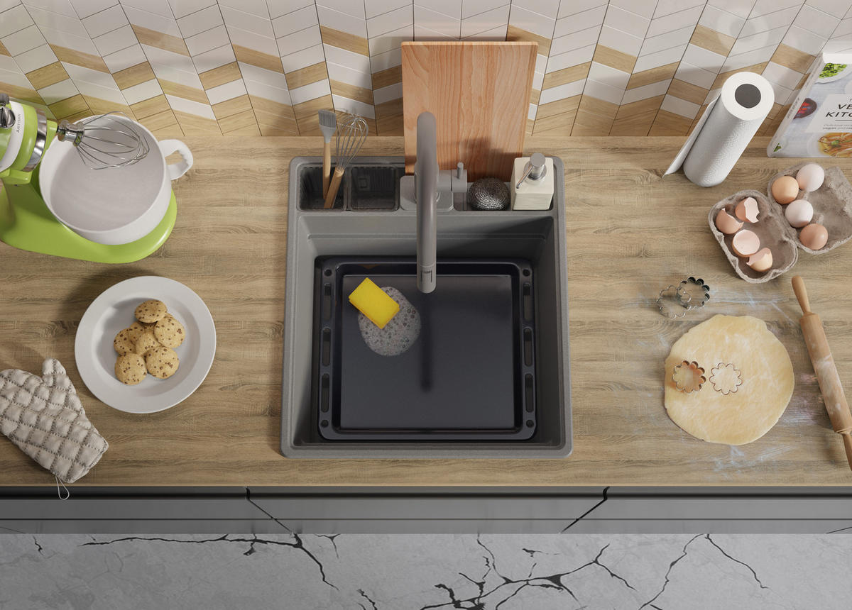 GRANITSPÜLE New York, 2-er set Grau 48/53 cm 1 Becken + Küchenarmatur 32/20 cm + Ablauf-Set + Küchenzubehörset ab 50er Unterschrank - Chromfarben/Beige, Kunststoff (48/20/53cm) - Primagran