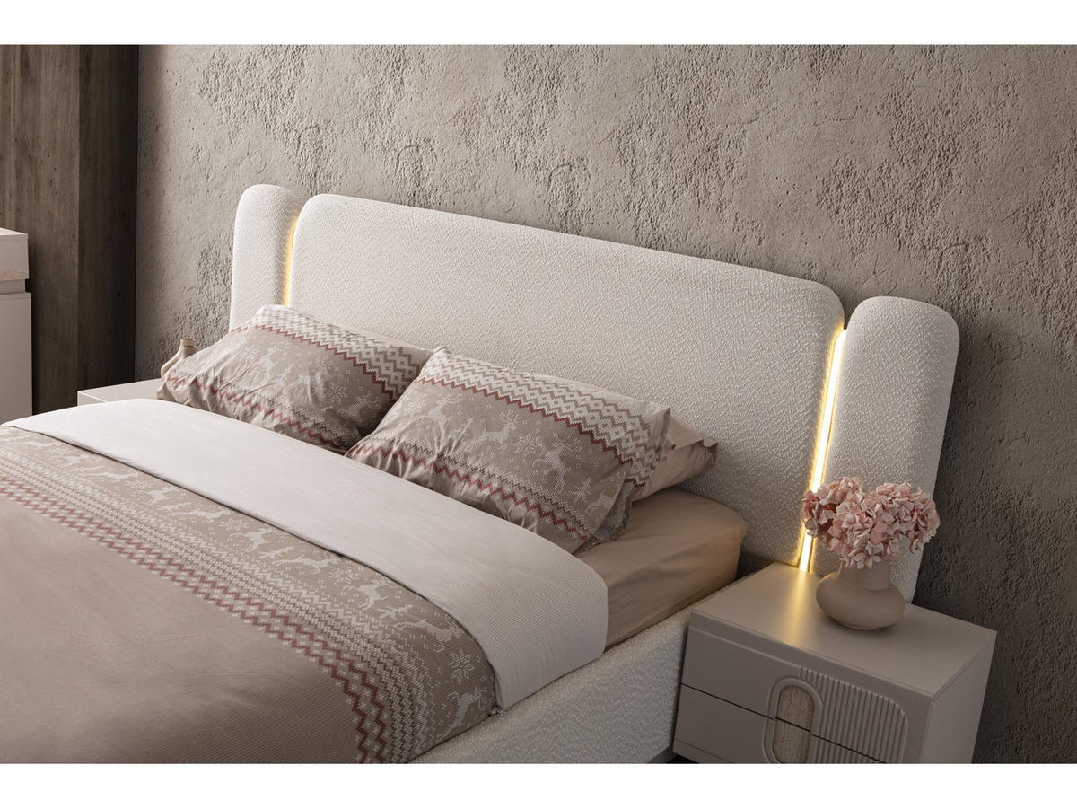 BETTANLAGE VALORIA Schlafzimmer-Set, 5-teilig, Creme, Bett mit Kopfteil 2 Nachttischen Kommode und Kleiderschrank - Creme, Leder/Holzwerkstoff (160/200cm) - Villa Möbel