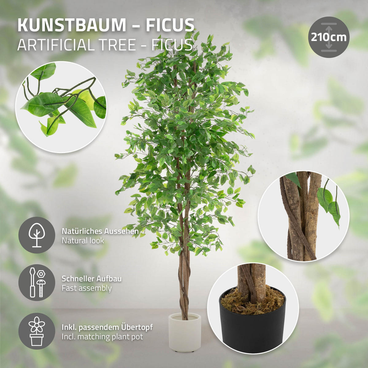 UMĚLÁ ROSTLINA Ficus 210 cm s kmenem z přírodního dřeva pro vnitřní i venkovní použití - černá/zelená barva, textil/plast (210cm) - ML-DESIGN