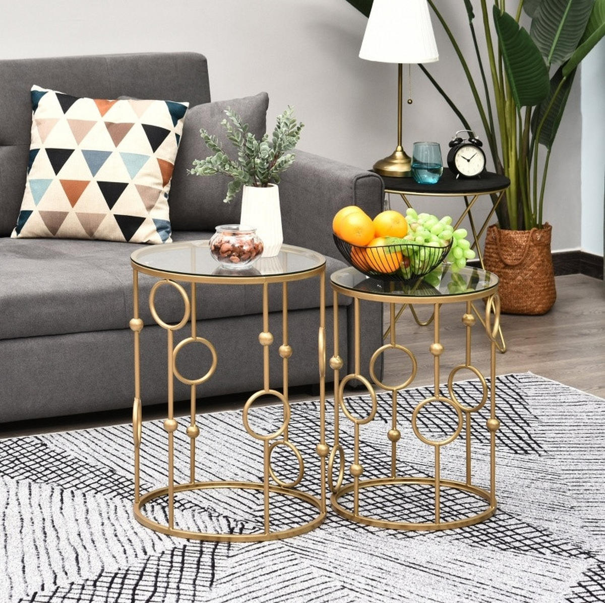 BEISTELLTISCH-SET 2er rund in Gold mit Glasplatte, ineinander stellbar - Goldfarben, Metall (41/41/57cm) - BEAOK