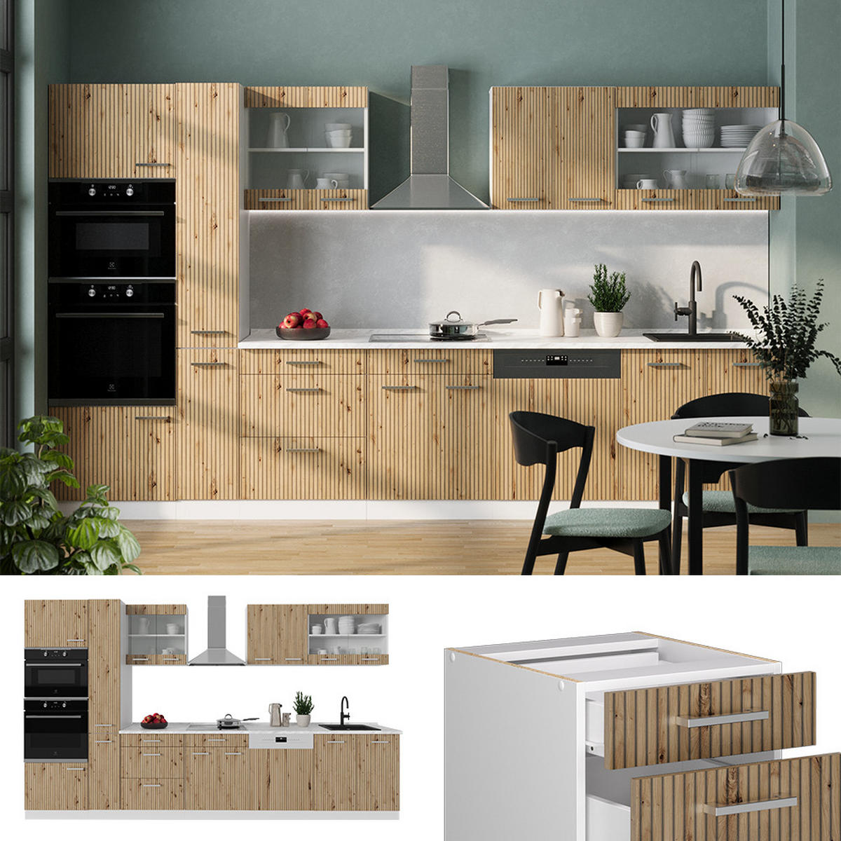KÜCHENZEILE R-Line Artisan Eiche/Weiß 350 cm mit Hochschrank AP Anthrazit - Eiche Artisan/Weiß, Holzwerkstoff (350/81.6/60cm) - Vicco