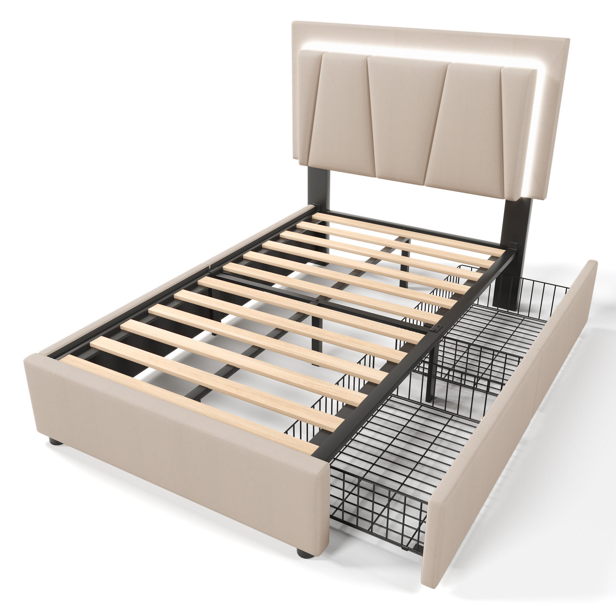 STAURAUMBETT 90/200 cm DE-00241, in Beige, LED und 2 Schubladen - Beige, Holz (90/200cm) - ComfortXL