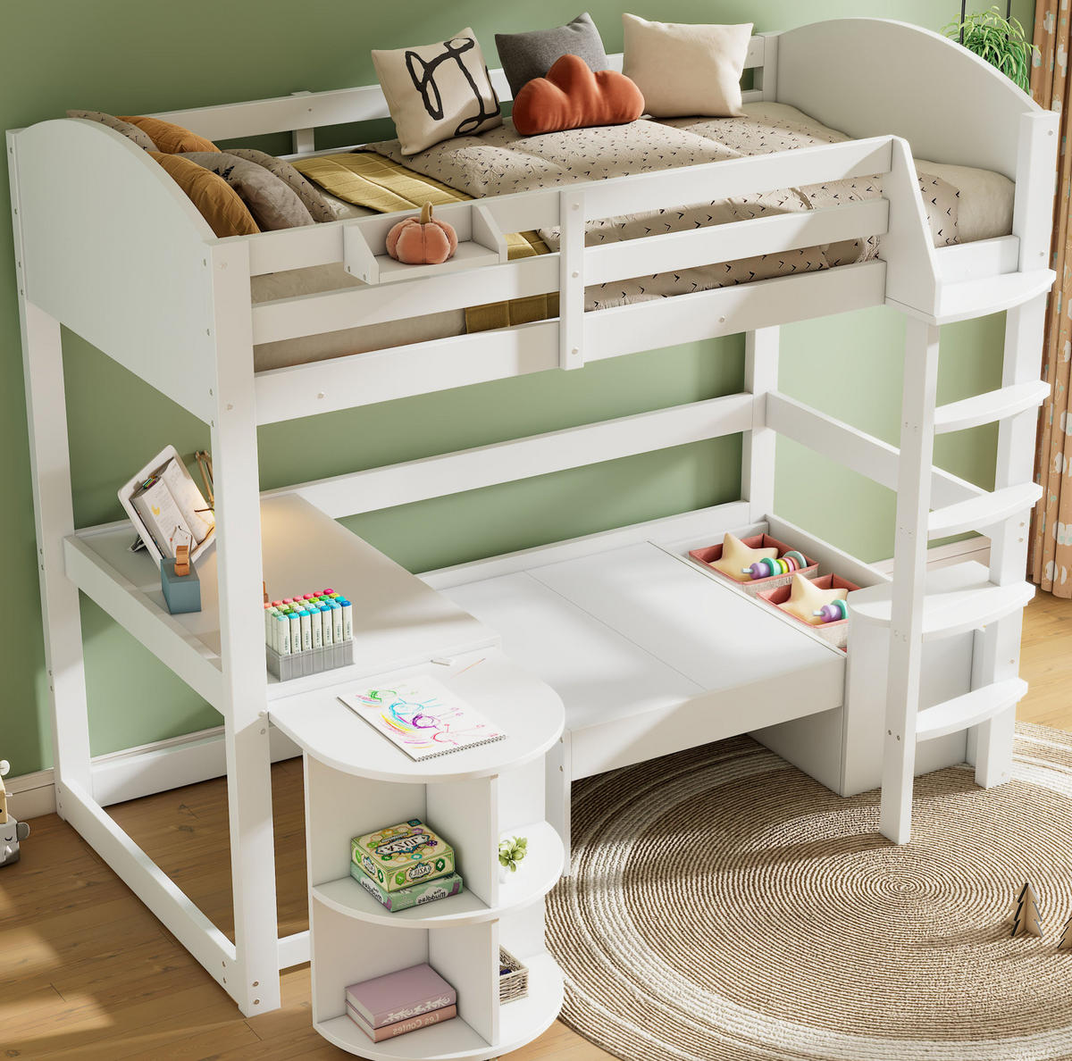 HOCHBETT mit Schreibtisch 90/200 cm in Weiß – mit Sofa, Stauraum und Leiter - Weiß, Holzwerkstoff (90/200cm) - BEAOK