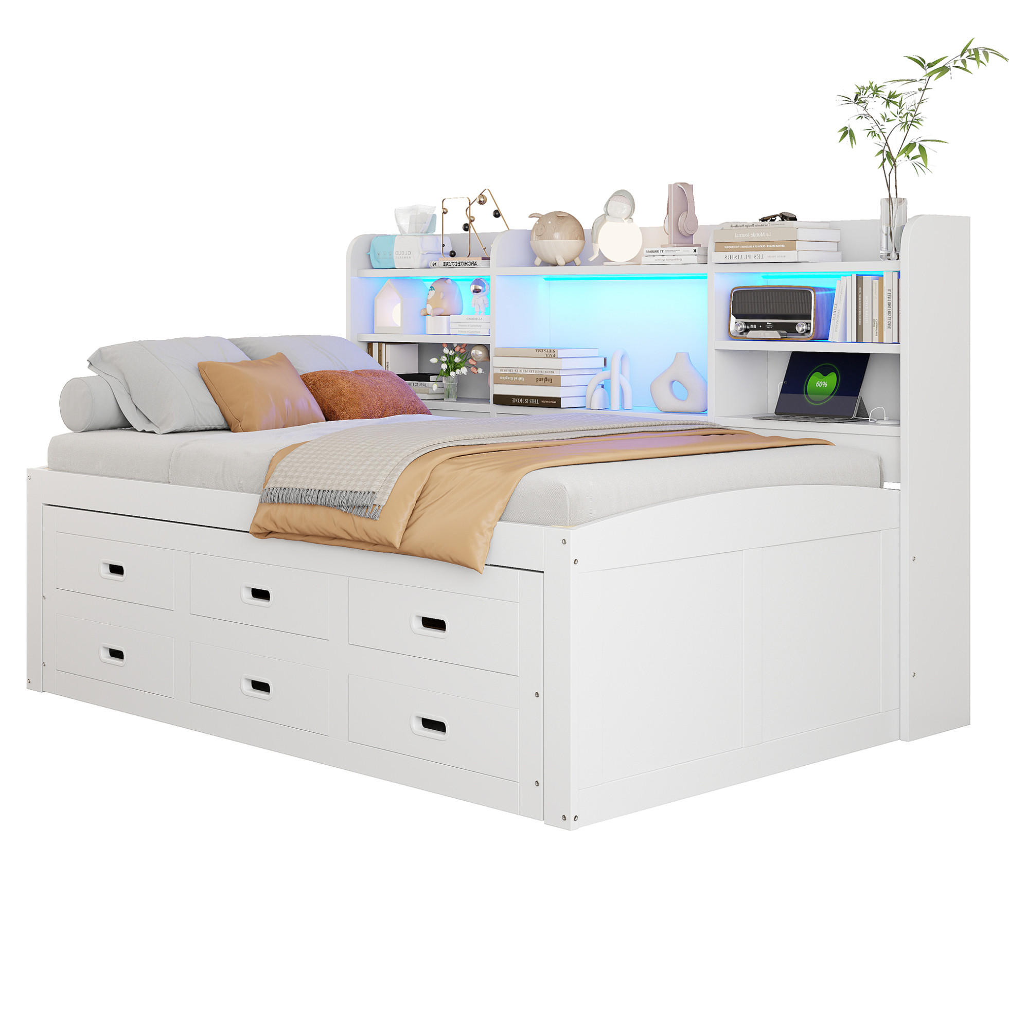 TAGESBETT 90/200 cm mit Ausziehbett, LED-Beleuchtung, USB-/Type-C-Anschluss und 3 Schubladen, Spanplatte/MDF, Weiß - Weiß, Holzwerkstoff (90/200cm) - Redom