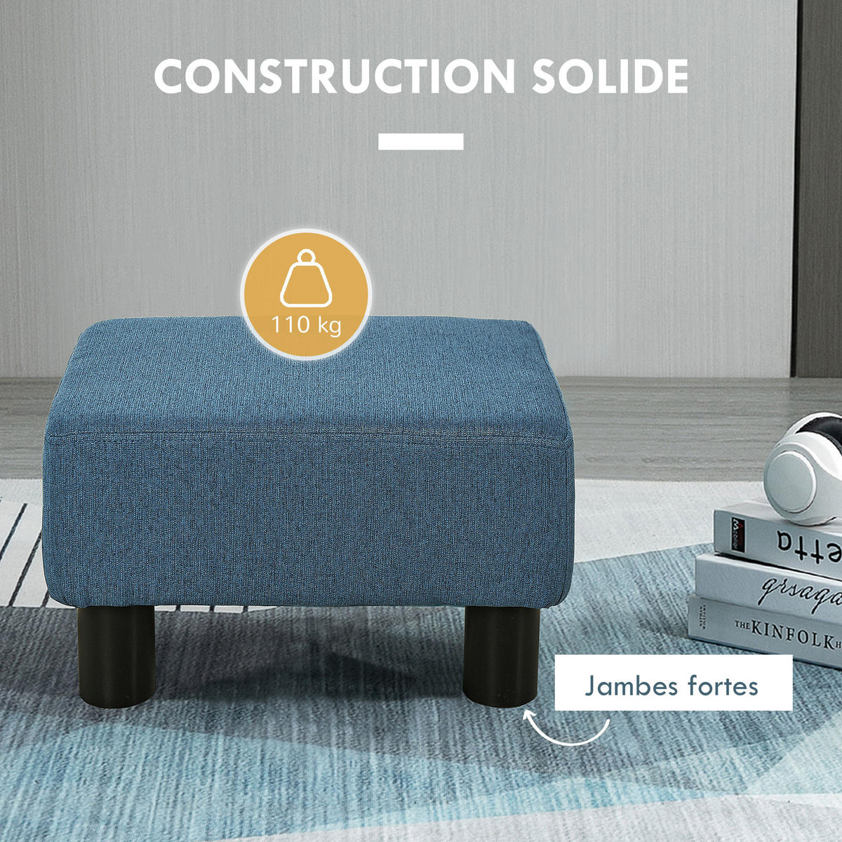POUF DE-16384 gepolstert mit Leinenbezug Dunkelblau - Blau, Textil (30/24/40cm) - ComfortXL