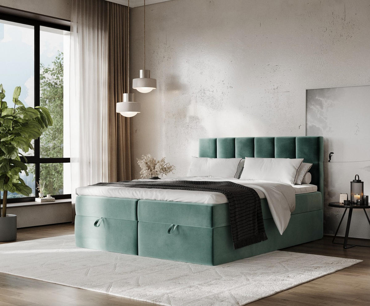 BOXBETT Savio 180/200 cm Türkis im Kronos Stoff - Türkis/Schwarz, Holz/Holzwerkstoff (180/200cm) - AltaBeds