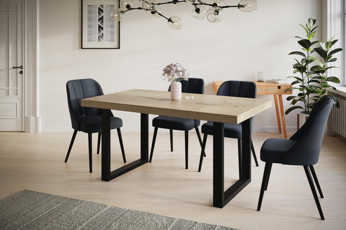ESSZIMMERTISCH LOFT-U, ausziehbarer Tisch 140-240X80X77 cm, Farbe: HALIFAX, mit Metallbeinen in Farbe Schwarz - Schwarz/Naturfarben, Holzwerkstoff (140/80/77cm) - Alpi-Möbel