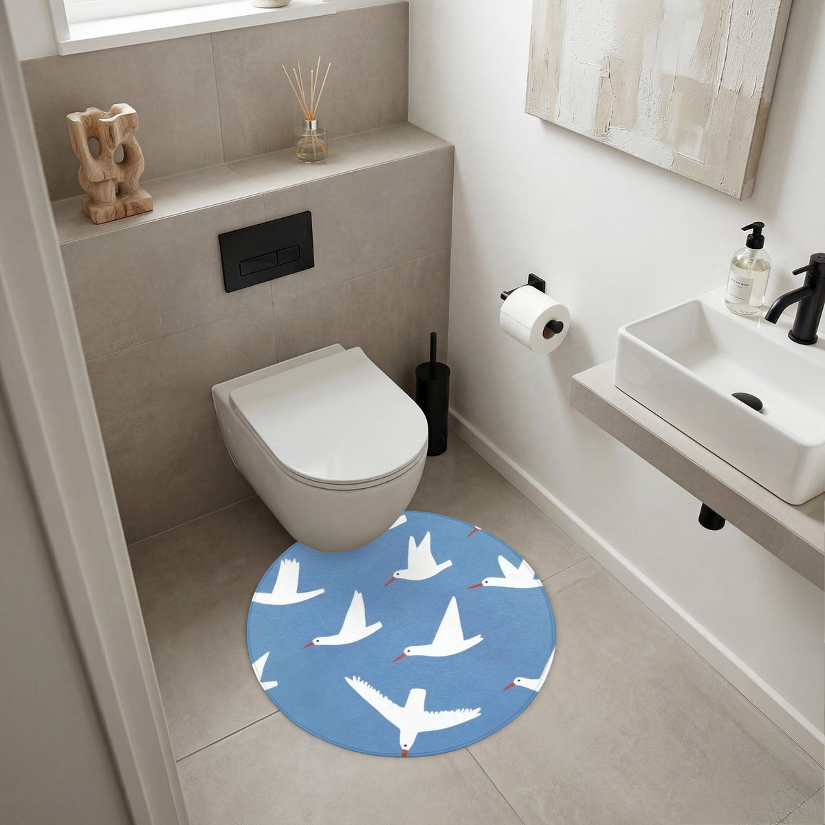 BADEMATTE Vögel - Weiß - Muster 70x70 cm - Blau, Kunststoff/Textil (70/70cm)