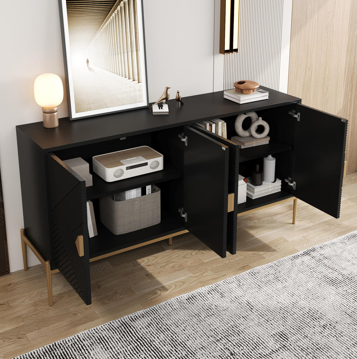 KOMMODE 162/80/40 cm Schwarz aus MDF und Holzwerkstoff mit 4 Türen - Schwarz, Holzwerkstoff (40/80/162cm) - OKMYHOME