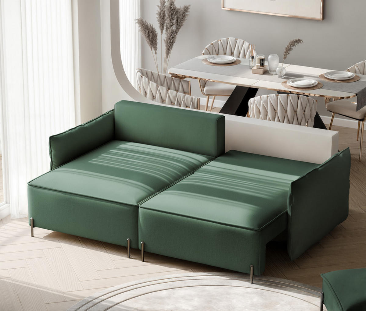 ECKSOFA MARCO Links, mit Schlaffunktion und Bettkasten, Grün - Grün, Textil/Metall (221/148cm) - Idohome