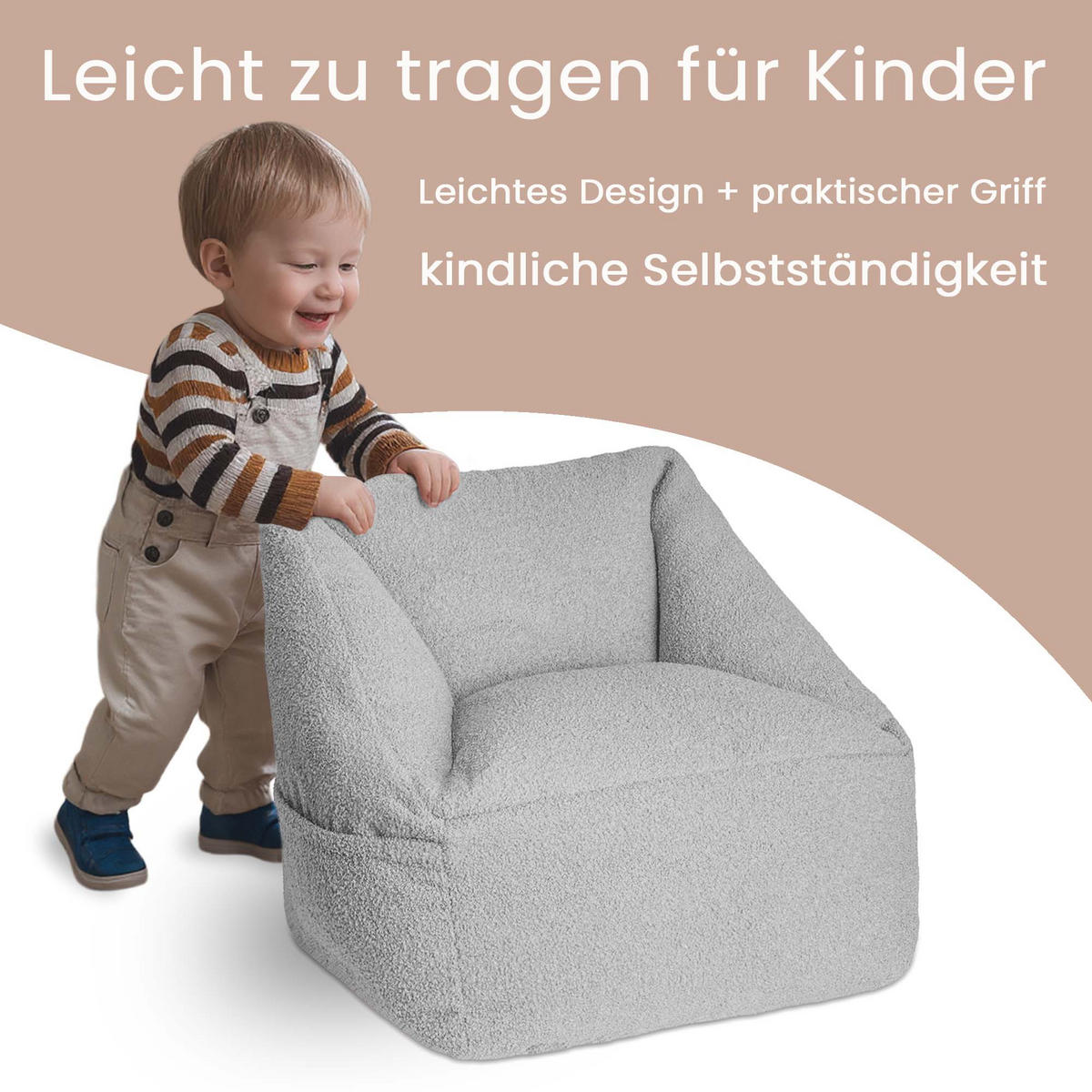 SITZSACK-SESSEL Bambino 55/60/55 cm, weicher Cord 380 g/m², mit Griff & Seitentasche, Hellgrau - Hellgrau, Textil (55/55/60cm) - Dreamroots