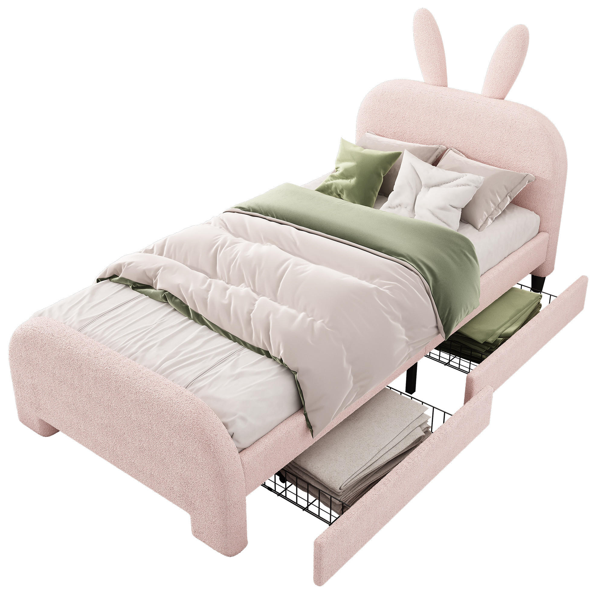 KINDEREINZELBETTEN aus Plüsch 90x200 cm in Rosa mit 2 Schubladen - Rosa, Textil (90/200cm) - Modfu