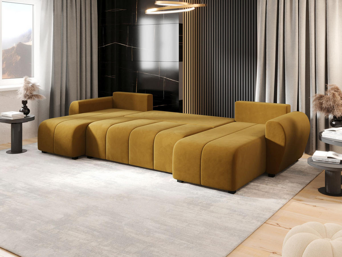 WOHNLANDSCHAFT MOLISA U Itaka 33 mit Schlaffunktion - Currygelb, Textil (303/82/208cm) - Bedante