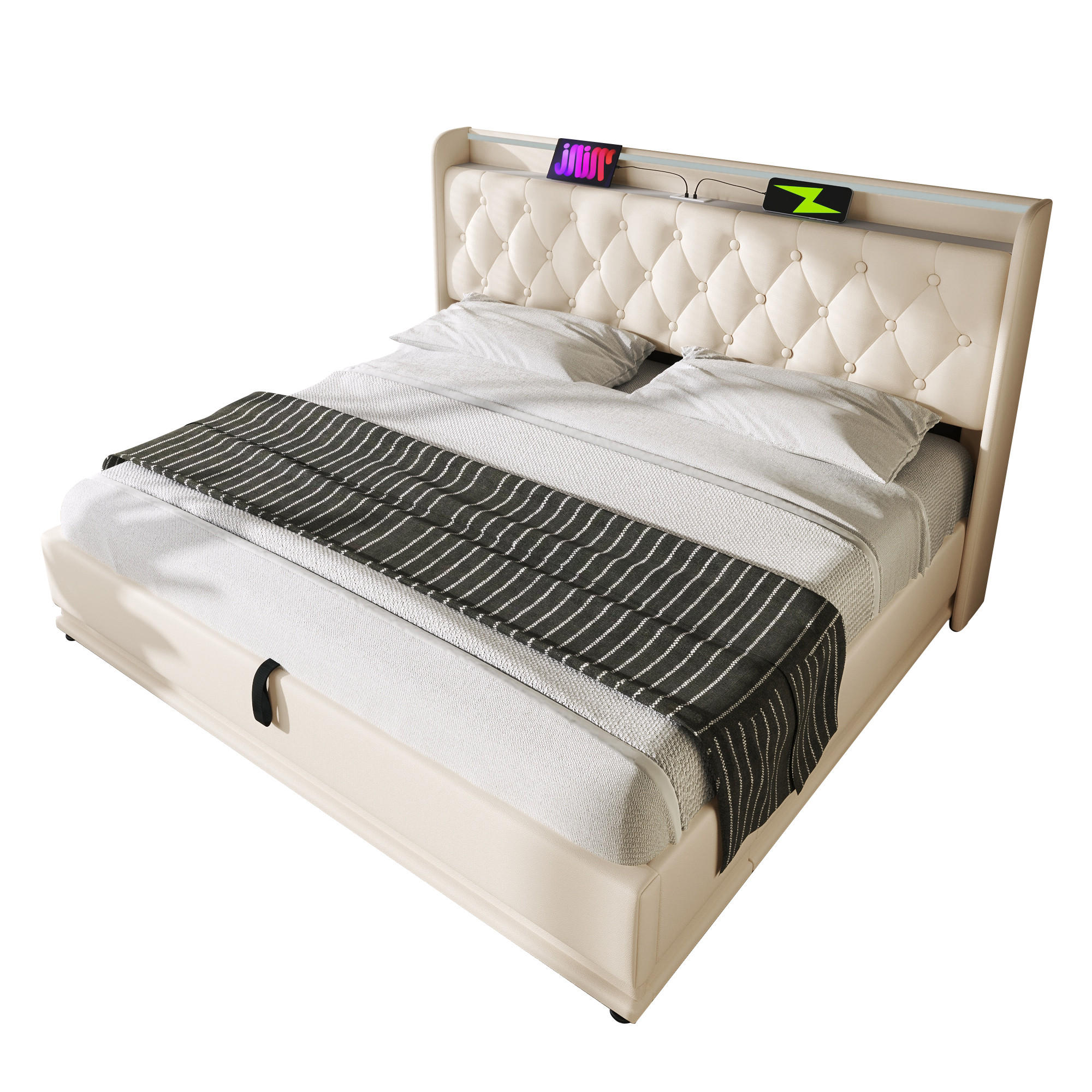 WISHDOR ČALOUNĚNÁ POSTEL 160 × 200 cm v bílé barvě s úložným prostorem, LED osvětlením a USB/USB-C