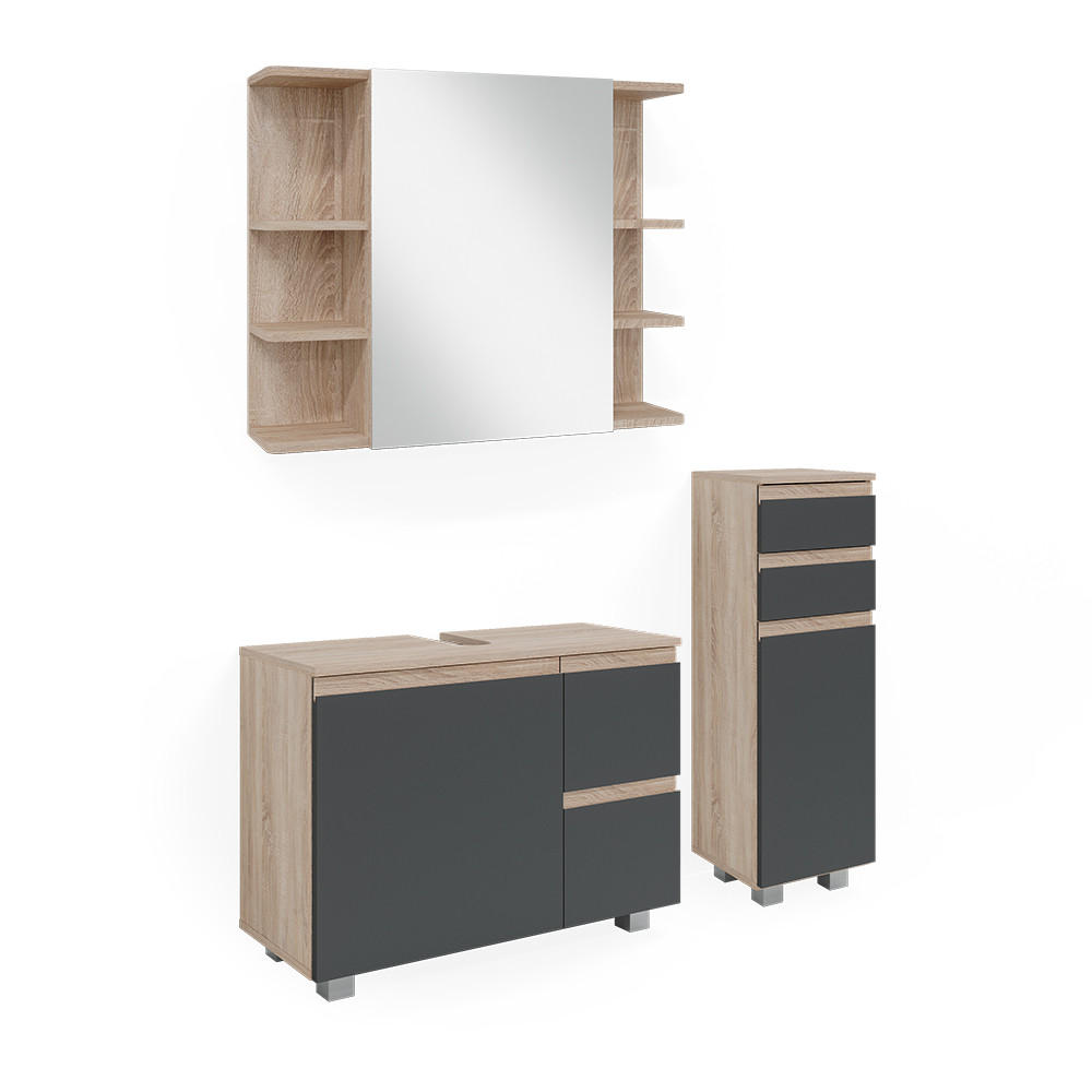 BADMÖBEL-SET J-Shape Sonoma 3 Teile, mit Midischrank - Anthrazit/Sonoma Eiche, Holzwerkstoff (80/60/33cm) - Vicco