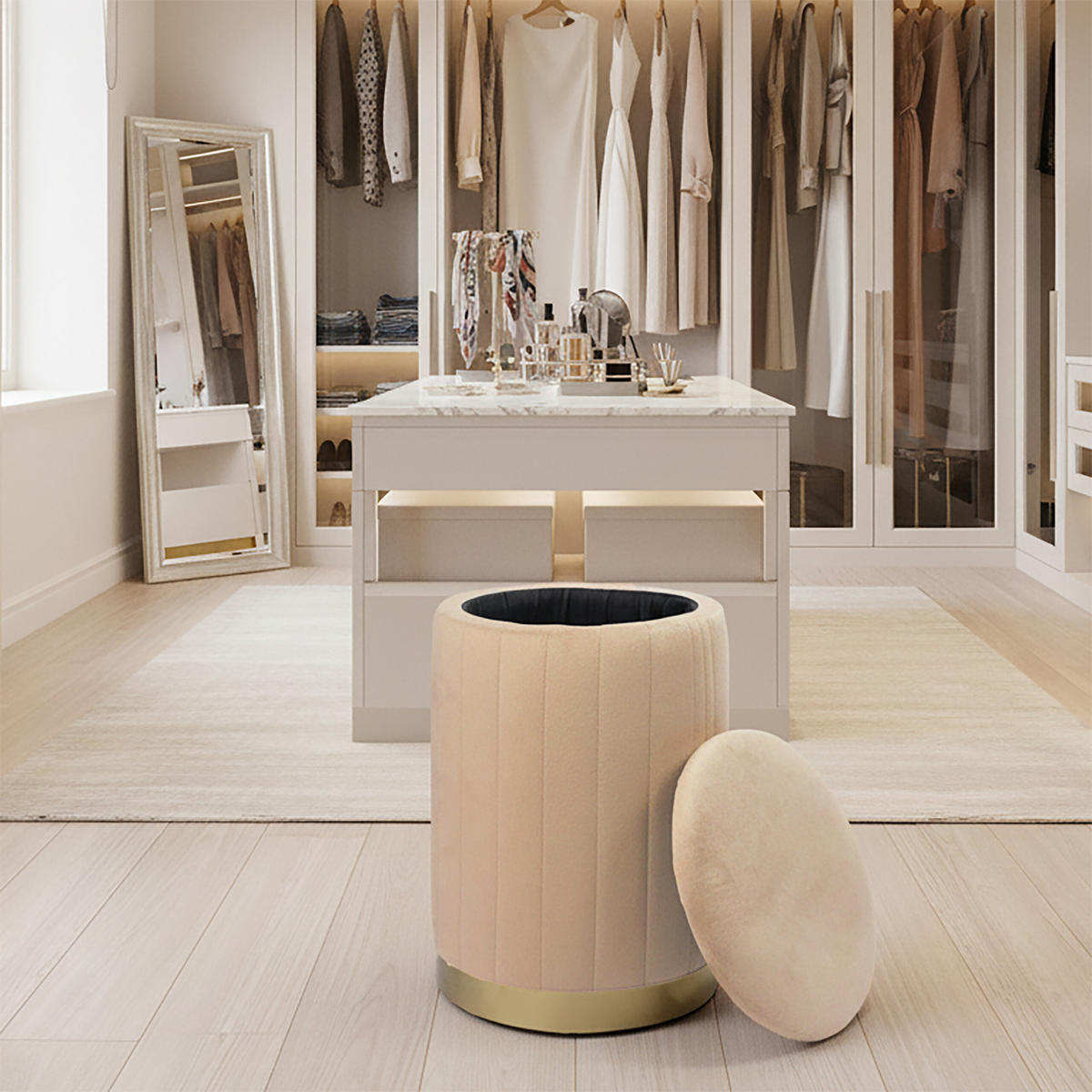 HOCKER - Hellbraun/Cappuccino, Holzwerkstoff/Textil (32/42/32cm) - Relaxdays