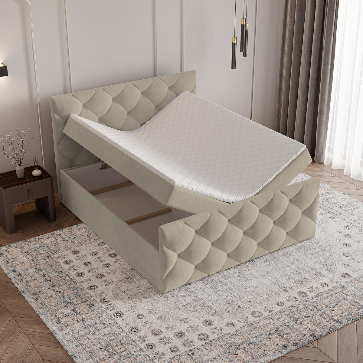 BOXBETT ROVARI 140x200 cm mit Matratze und Topper - Beige - Beige, Holz (140/200cm) - MASSENO