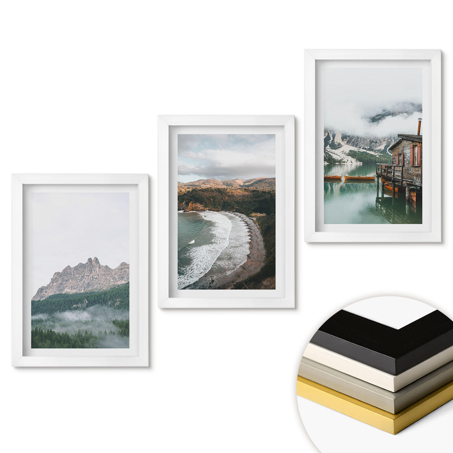 WANDBILDER 3er-Set - 20x30 cm Weißer Rahmen - Holzhaus an Bergstränden - Weiß, Kunststoff (20/30cm) - ArtPrintCave