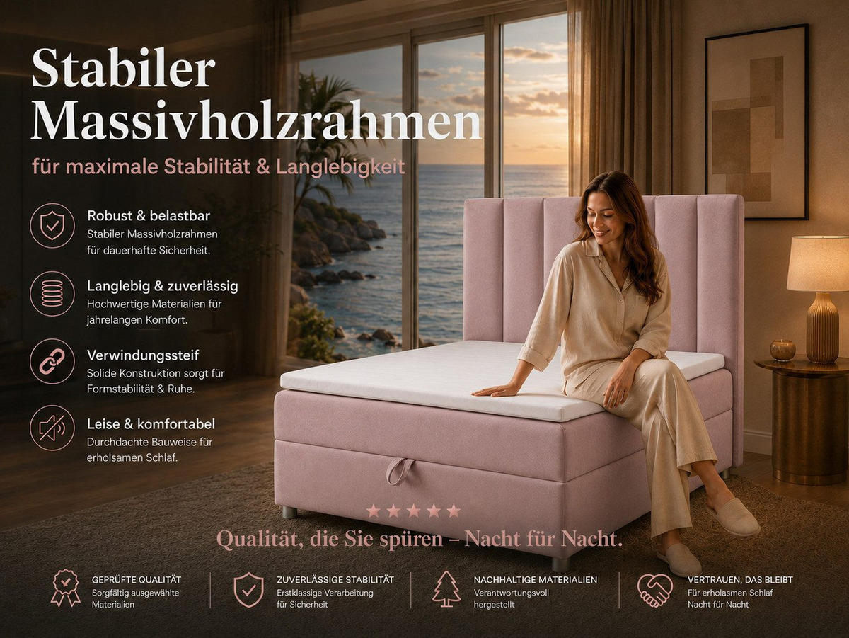 BOXBETT mit Bettkasten Trinity K-10 SINGLE Bonellfederkern inkl. Topper - Rosa, Holz/Holzwerkstoff (90/200cm) - Best For Home