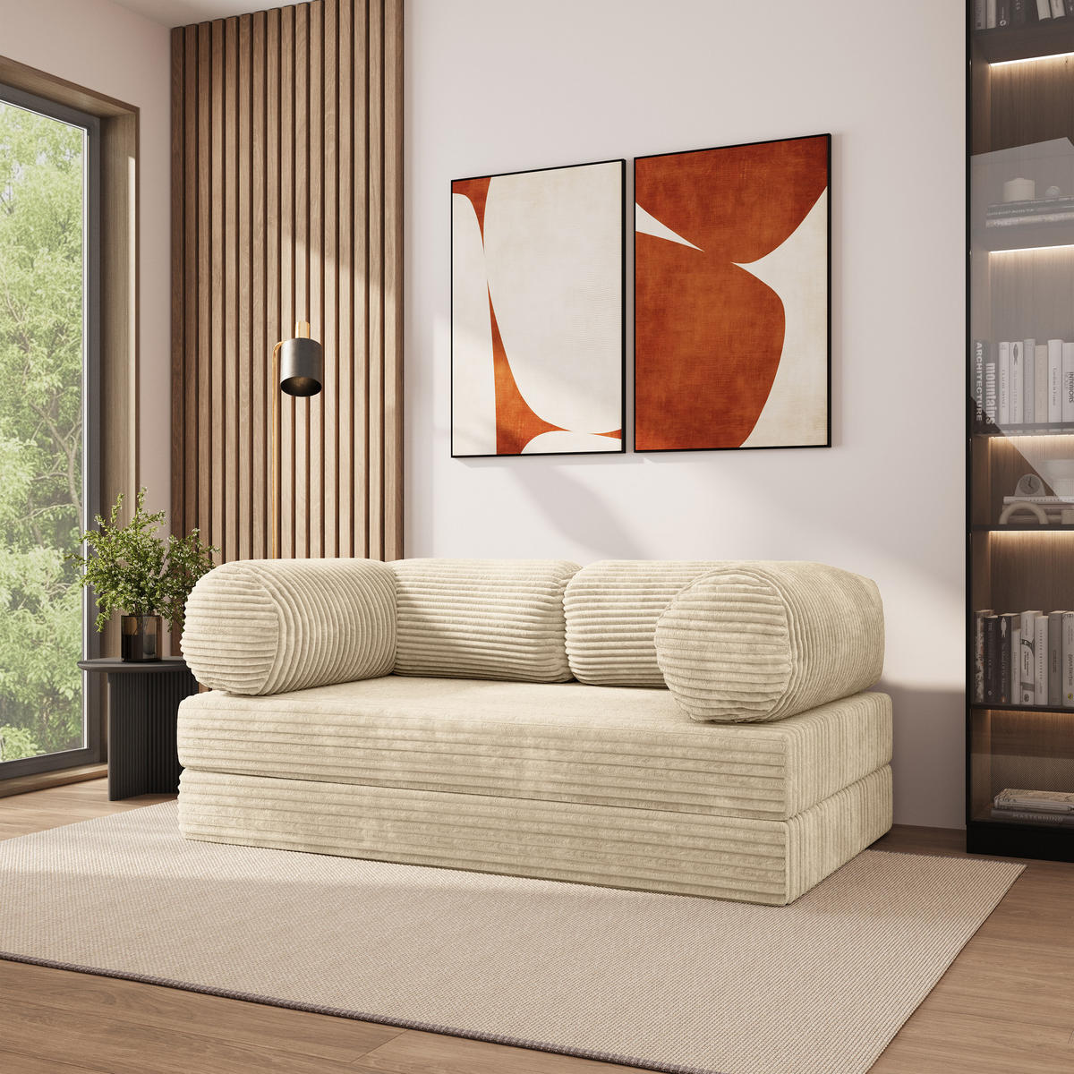 POHOVKA z pěny ALVIO s funkcí spaní Manšestrová látka Krémová - krémová, textil (170/68/80cm) - MASSENO