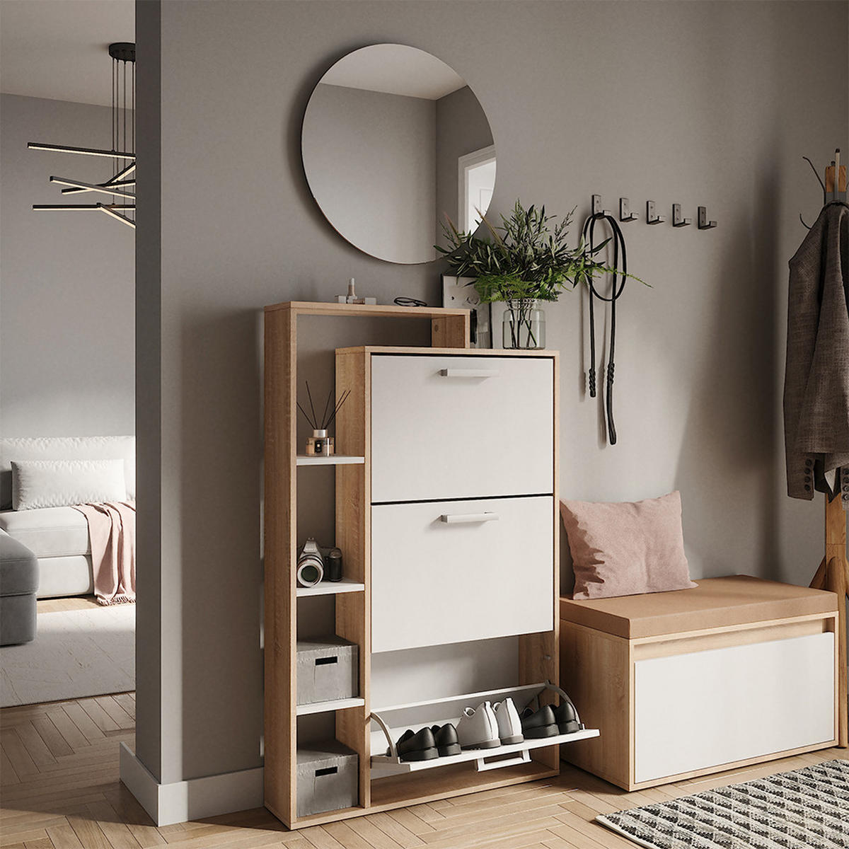 SCHUHKIPPER Orlando Weiß/Sonoma 80 x 128.3 cm mit 3 Klappfächern - Weiß/Sonoma Eiche, Holzwerkstoff (80/128.3/18.2cm) - Vicco