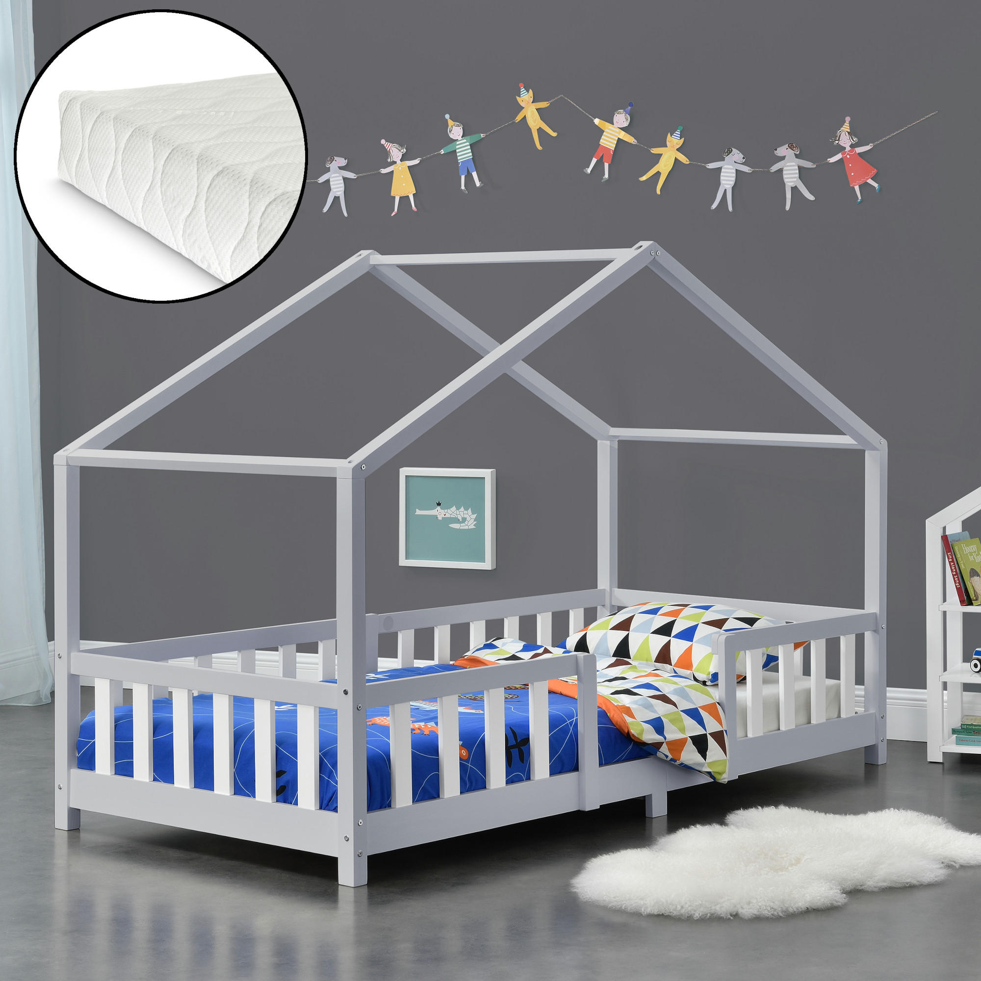 HAUSBETT Treviolo mit Matratze - Hellgrau/Weiß, Holz/Textil (90/200cm) - [en.casa]