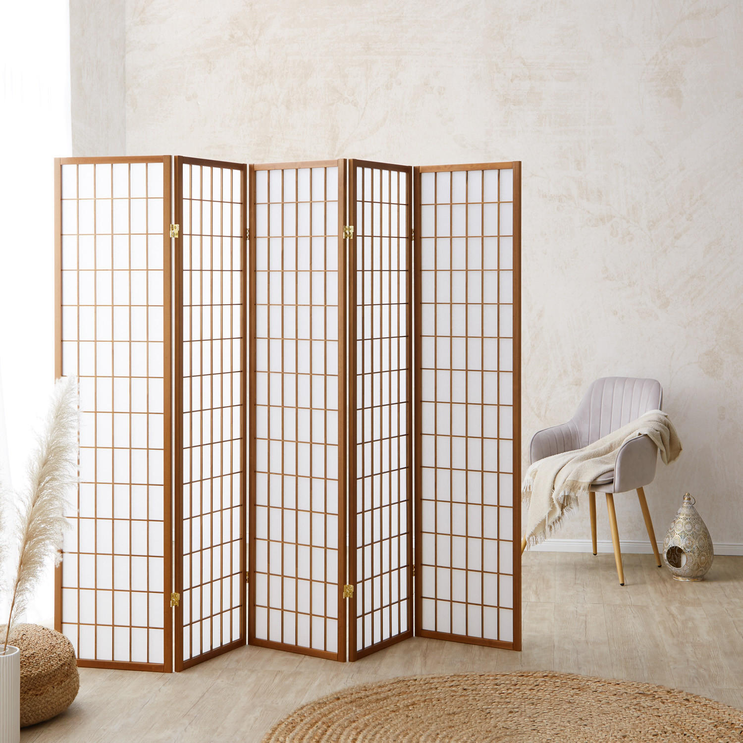 PARAVENT 5-tlg. 220/175 cm Braun Shoji - Braun, Holz (220/175/2cm) - Homestyle4u